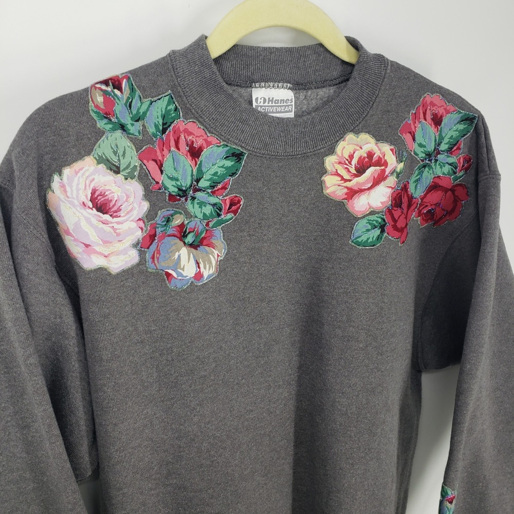 Vintage 90s Hanes Floral Rose Sweatshirt Womens Large Gray Glitter Crew Neck USA - Picture 4 of 9